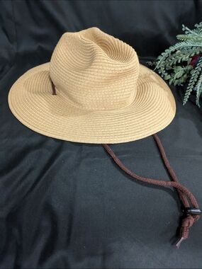 Wide-Brim Tan Straw Fedora with Adjustable Brown Chin Cord